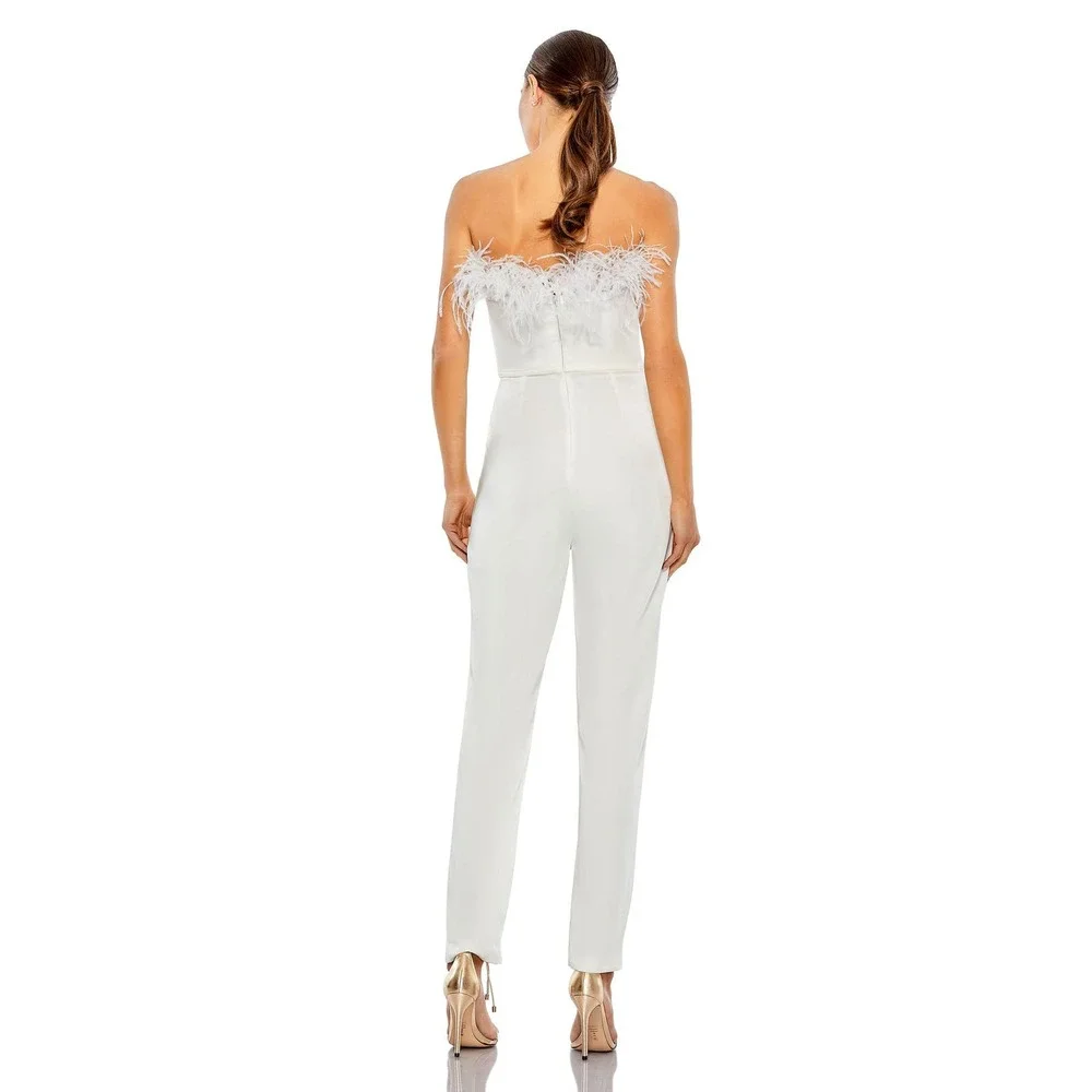 Mac Duggal Feather Trim Strapless Jumpsuit Black Size 4 NWT